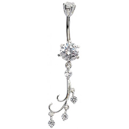 Sterling Silver Vine Drop Belly Bars with CZ Round Crystals - Various Colours ‐ Quality tested by Sheffield Assay Office England