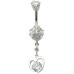 Sterling Silver Heart Dangle Belly Bars with CZ Crystals - Various Colours ‐ Quality tested by Sheffield Assay Office England