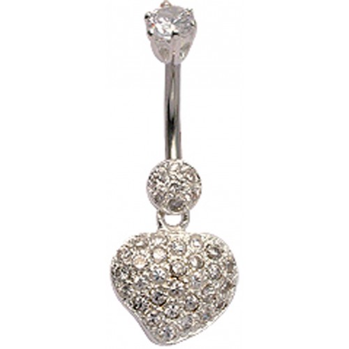 Sterling Silver Heart Studded Belly Bars with CZ Crystals - Various Colours ‐ Quality tested by Sheffield Assay Office England