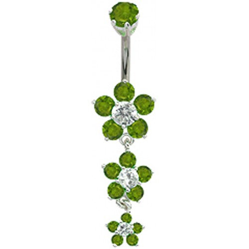 Sterling Silver 3 Drop Butter Cup Flowers CZ Crystal Belly Bars 1.6mm / 14G - Various Colours ‐ Quality tested by Sheffield Assay Office England