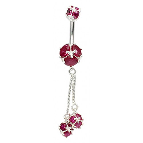 Sterling Silver 2 Drop Round CZ Crystal Studded with Silver Chain Belly Bars 1.6mm / 14G - Various Colours ‐ Quality tested by Sheffield Assay Office England