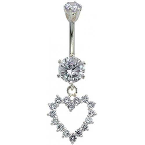 Sterling Silver Open Heart Belly Bars Studded with CZ Crystals - Various Colours ‐ Quality tested by Sheffield Assay Office England