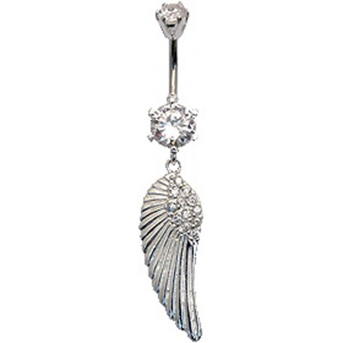 Sterling Silver Charm Angel Wing CZ Crystal Studded Belly Bars 1.6mm / 14G - Various Colours ‐ Quality tested by Sheffield Assay Office England