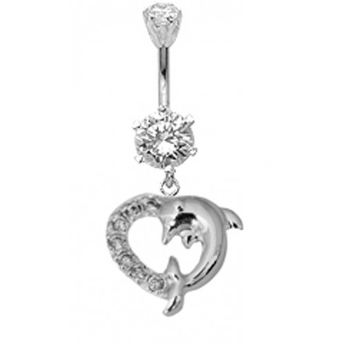 Sterling Silver Dolphin Belly Bar with CZ Crystals - Various Colours ‐ Quality tested by Sheffield Assay Office England