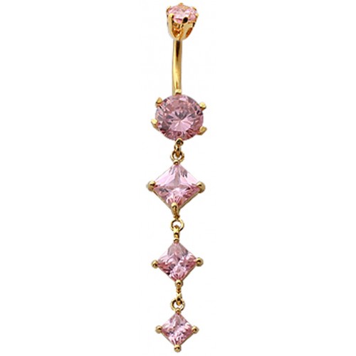 Sterling Silver Diamond Shape 3 Drop Dangle CZ Crystal in Gold Plating Belly Bars 1.6mm / 14G - Various Colours ‐ Quality tested by Sheffield Assay Office England