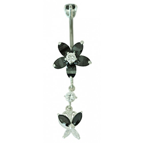 Sterling Silver Flower and Butterfly Belly Bars with CZ Crystals - Various Colours ‐ Quality tested by Sheffield Assay Office England