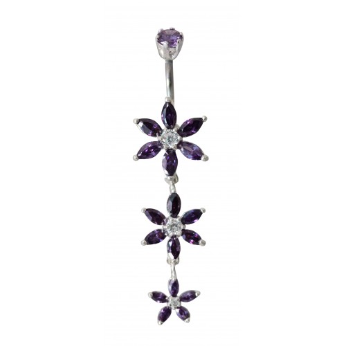 Sterling Silver 3 Drop Flower Belly Bars with CZ Crystals - Various Colours ‐ Quality tested by Sheffield Assay Office England