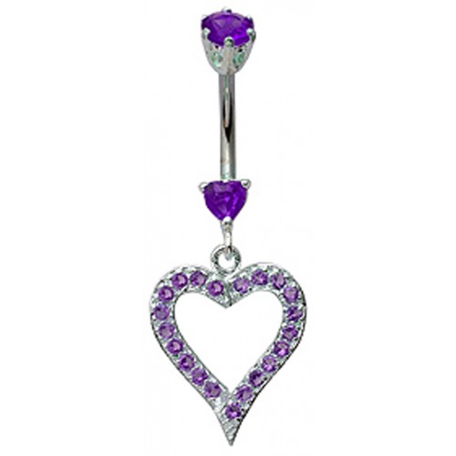 Sterling Silver Flower Belly Bar with Open Heart Design CZ Crystals - Various Colours ‐ Quality tested by Sheffield Assay Office England