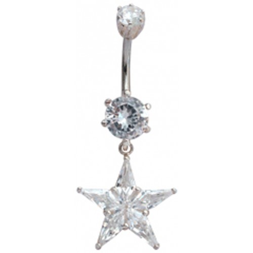 Sterling Silver Star Shape Dangle CZ Crystal Belly Bars 1.6mm / 14G - Various Colours ‐ Quality tested by Sheffield Assay Office England