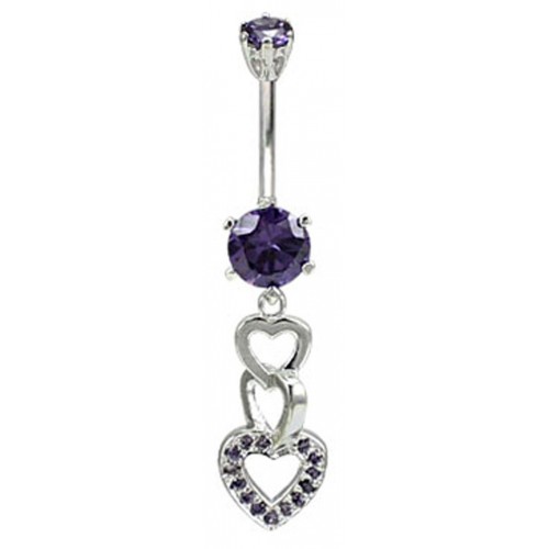 Sterling Silver Heart Chain Dangle Belly Bar with CZ Crystals - Various Colours ‐ Quality tested by Sheffield Assay Office England