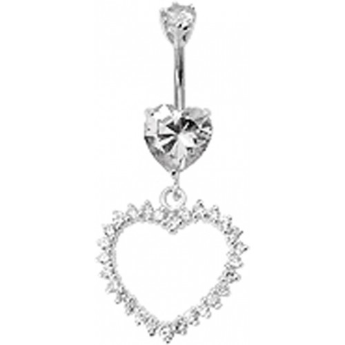 Sterling Silver Dangle Open Heart Belly Bar Studded with CZ Crystals - Various Colours ‐ Quality tested by Sheffield Assay Office England