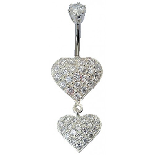 Double Heart Dangle Belly Bars Studded with CZ Crystals - Various Colours ‐ Quality tested by Sheffield Assay Office England
