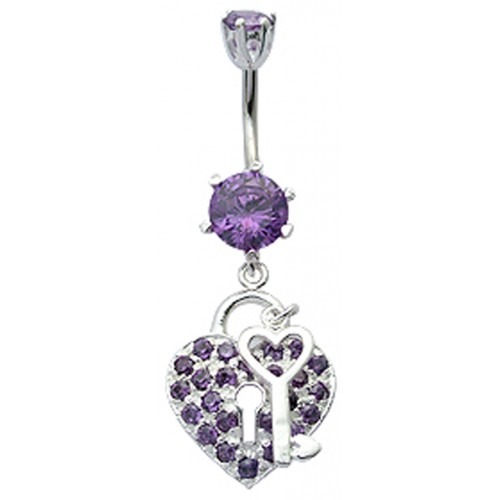 Heart & Key Belly Belly Bars in Silver with CZ Crystals - Various Colours ‐ Quality tested by Sheffield Assay Office England