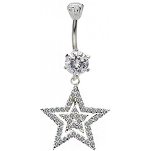 Double Star Dangle Belly Bars in Silver with CZ Crystals - Various Colours ‐ Quality tested by Sheffield Assay Office England