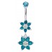 Double Flower Dangle Belly Bars in Silver with CZ Crystals - Various Colours ‐ Quality tested by Sheffield Assay Office England