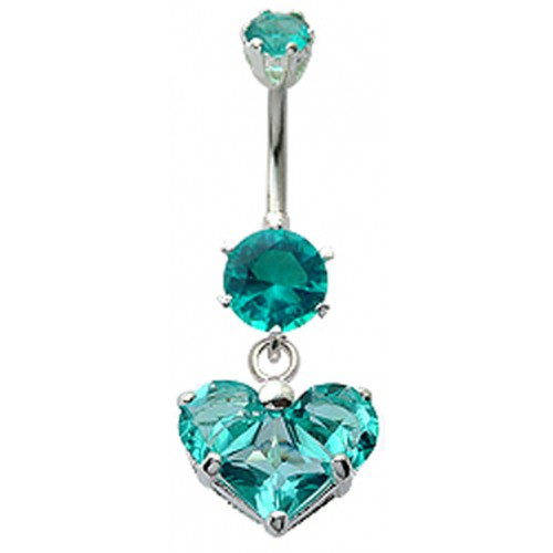Sterling Dangle Heart Belly Bar Made Of CZ Crystals - Various Colours ‐ Quality tested by Sheffield Assay Office England