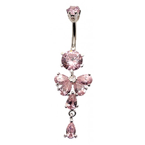 Sterling Silver Dangle Butterfly Belly Bar with CZ Crystals - Various Colours ‐ Quality tested by Sheffield Assay Office England