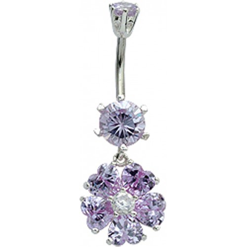 Sterling Silver Malva Flower Dangle CZ Crystal Belly Bars 1.6mm / 14G - Various Colours ‐ Quality tested by Sheffield Assay Office England