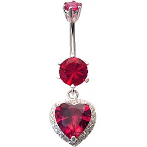 Sterling Silver Heart Dangle CZ Crystal Studded Belly Bars 1.6mm / 14G - Various Colours ‐ Quality tested by Sheffield Assay Office England