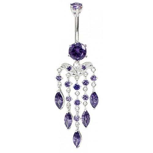 Sterling Silver Dangle Drop Chandelier Belly Bar Made Of CZ Crystals - Various Colours ‐ Quality tested by Sheffield Assay Office England