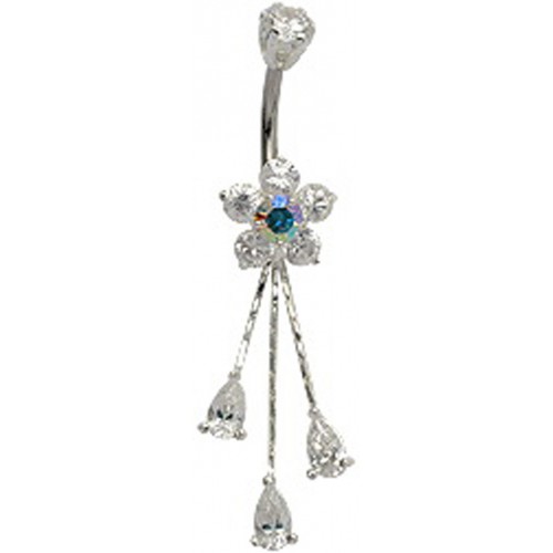 Sterling Silver Flower Belly Bar Made Of CZ Crystals with Chain Drop - Various Colours ‐ Quality tested by Sheffield Assay Office England
