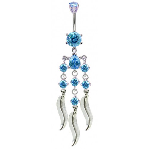 Sterling Silver Dangle Drop Chandelier Belly Bar Made Of CZ Crystals - Various Colours ‐ Quality tested by Sheffield Assay Office England
