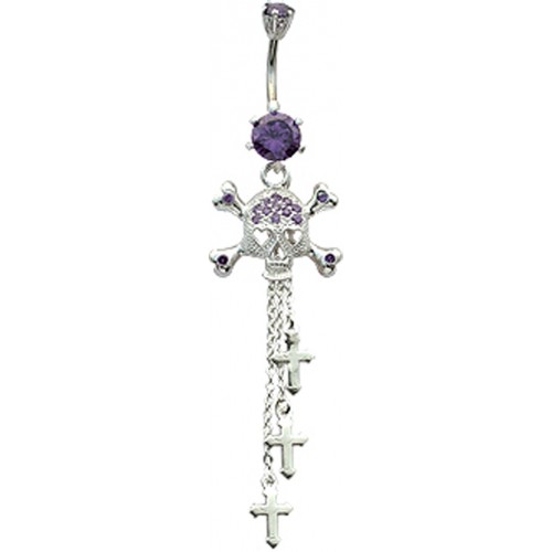 Sterling Silver Punk Chic Skull Bellybar with Dangle Cross and CZ Crystals - Various Colours ‐ Quality tested by Sheffield Assay Office England