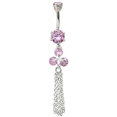 Sterling Silver Beautiful Belly Bar Piercing with Dangle Chain and CZ Crystals - Various Colours ‐ Quality tested by Sheffield Assay Office England