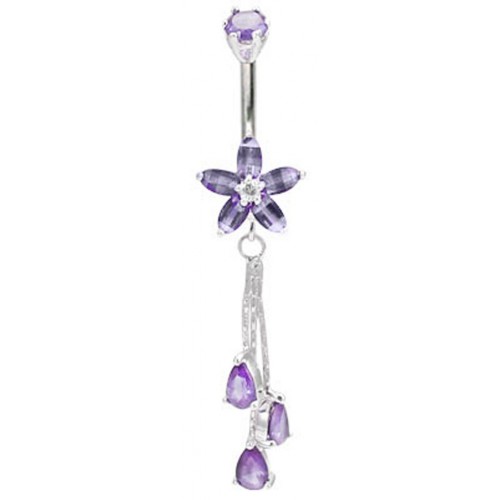 Sterling Silver Flower Belly Bar Made Of CZ Crystals with Chain Drop - Various Colours ‐ Quality tested by Sheffield Assay Office England