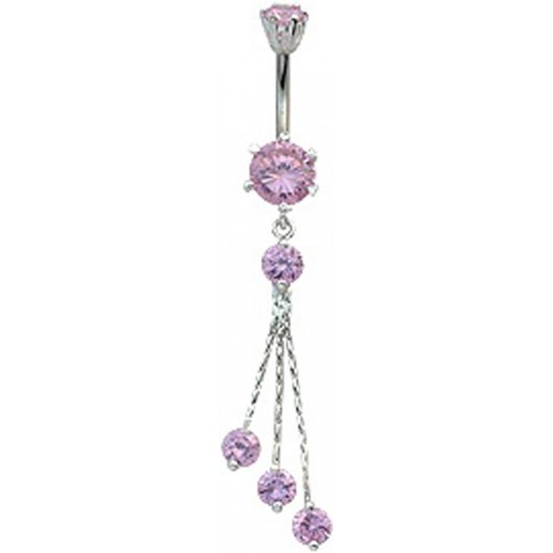 Sterling Silver Round Shape Dangle CZ Crystal with Chains Belly Bars 1.6mm / 14G - Various Colours ‐ Quality tested by Sheffield Assay Office England
