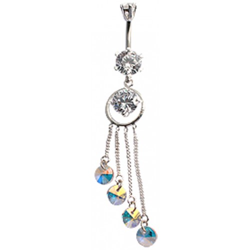 Sterling Silver Solar Ring Belly Bar Made Of CZ Crystals with Chain Drop - Various Colours ‐ Quality tested by Sheffield Assay Office England