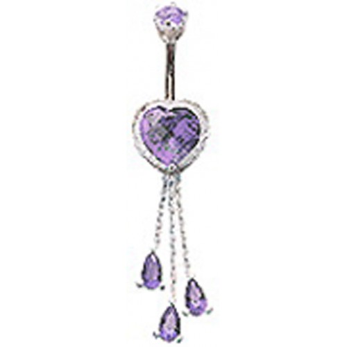 Sterling Silver Heart Dangle Belly Bar Studded with CZ Crystals - Various Colours ‐ Quality tested by Sheffield Assay Office England