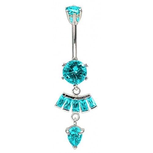 Sterling Silver Beautiful Dangle Belly Bar Studded with CZ Crystals - Various Colours ‐ Quality tested by Sheffield Assay Office England