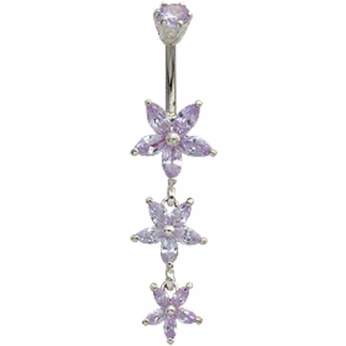 Sterling Silver 3 Drop Jasmine Flower CZ Crystal Belly Bars 1.6mm / 14G - Various Colours ‐ Quality tested by Sheffield Assay Office England