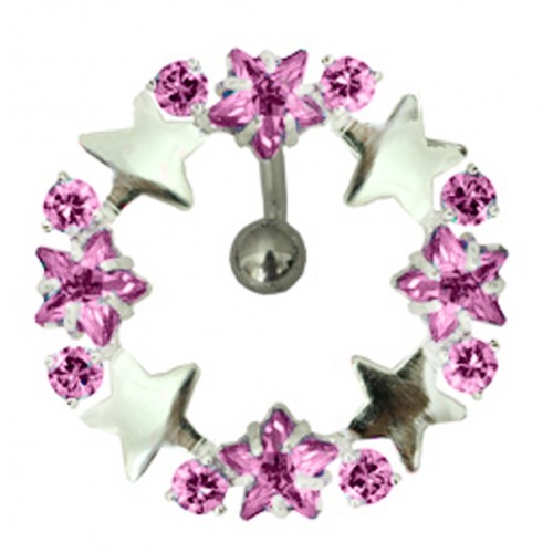 Sterling Silver Reverse Circle Star Surgical Steel Belly Bars with CZ Square Crystal - Various Colours ‐ Quality tested by Sheffield Assay Office England