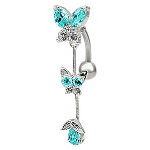 Sterling Silver Reverse Butterfly Drop Surgical Steel Belly Bars with CZ Square Crystal - Various Colours ‐ Quality tested by Sheffield Assay Office England