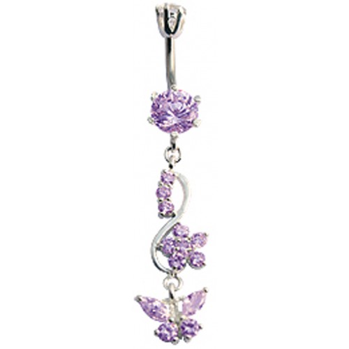 Sterling Silver Dangle Butterfly with Flower Vine Belly Bars Made Of CZ Crystals - Various Colours ‐ Quality tested by Sheffield Assay Office England