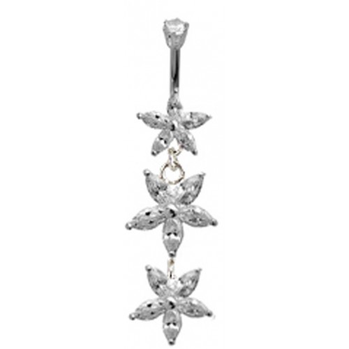 Sterling Silver Fancy Flower Belly Bars with CZ Crystal - Various Colours ‐ Quality tested by Sheffield Assay Office England