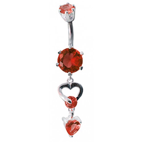Sterling Silver Heart Dangle Belly Bars with CZ Round Crystals - Various Colours ‐ Quality tested by Sheffield Assay Office England