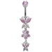 Sterling Silver Triple Dangle Belly Bars with Butterfly and Flower CZ Crystals - Various Colours ‐ Quality tested by Sheffield Assay Office England