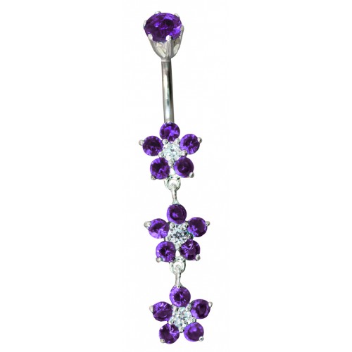 Sterling Silver Triple Dangle Belly Bars with Flower CZ Crystals - Various Colours ‐ Quality tested by Sheffield Assay Office England