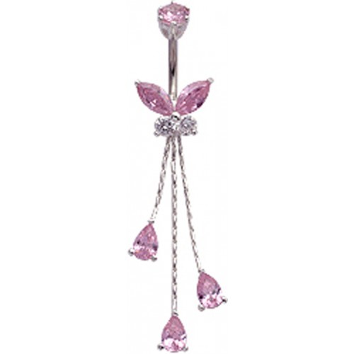 Sterling Silver Butterfly Design CZ Crystal with Chains Belly Bars 1.6mm / 14G - Various Colours ‐ Quality tested by Sheffield Assay Office England