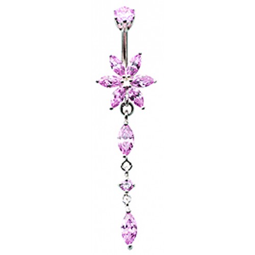 Sterling Silver Flower Belly Ring with Dangle Drop CZ Crystals - Various Colours ‐ Quality tested by Sheffield Assay Office England