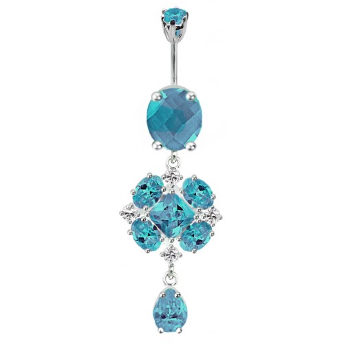 Surgical Steel and Silver Dangle Drop Belly Bars with Full Set CZ Crystals - Various Colours ‐ Quality tested by Sheffield Assay Office England