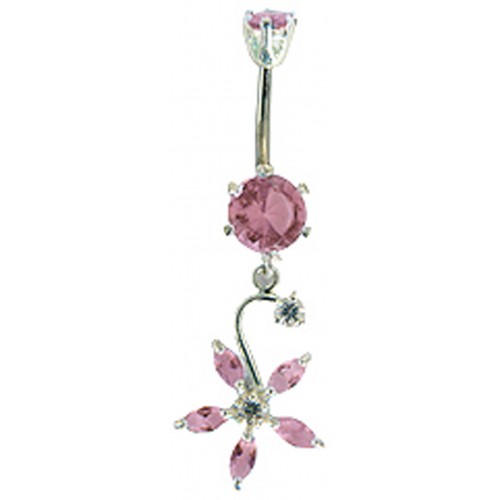 Sterling Silver Dangle Flower CZ Crystal Belly Bars 1.6mm / 14G - Various Colours ‐ Quality tested by Sheffield Assay Office England